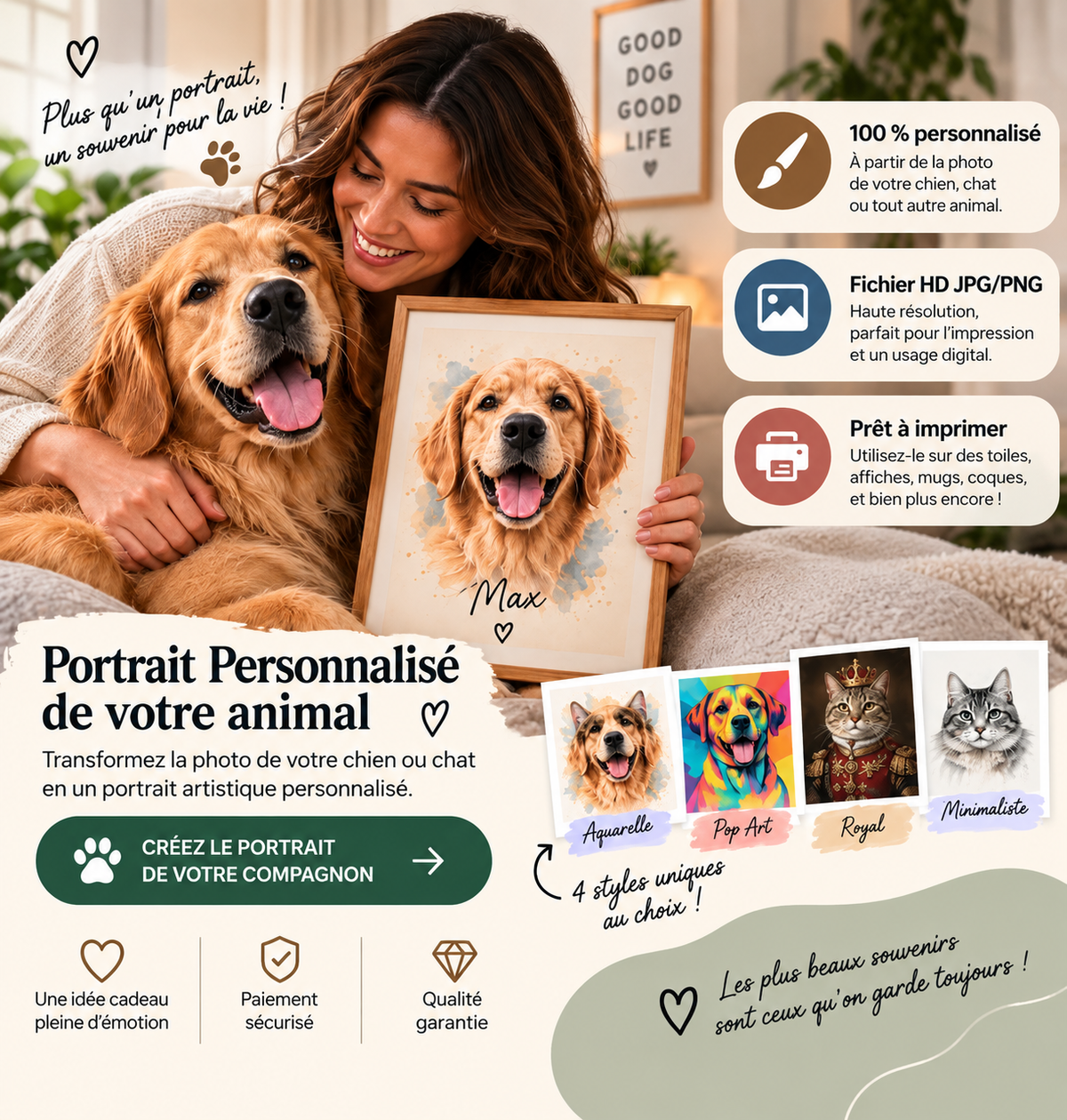 Portrait Personnalisé Chien & Chat - Illustration Unique à partir de votre Photo